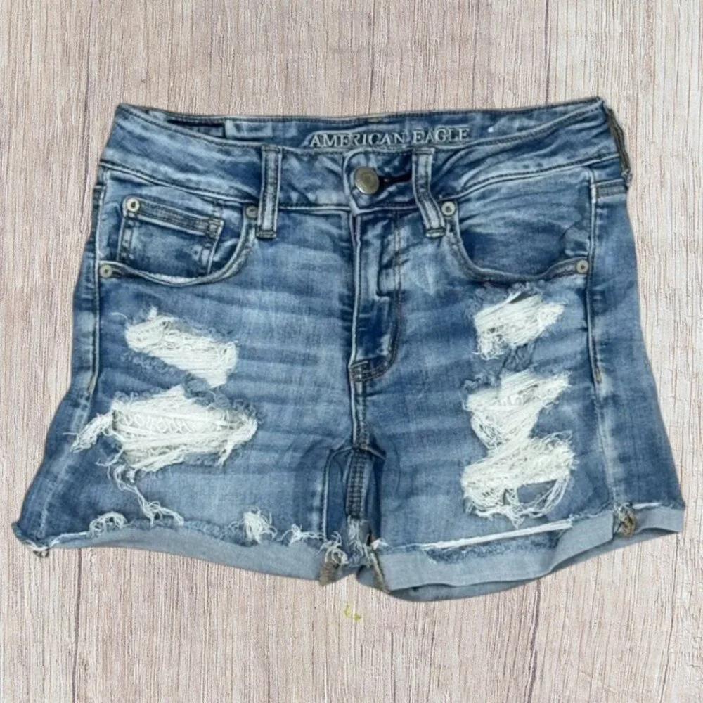 American Eagle Next Level Stretch Shredded Raw Hem Cutoff Distressed Shorts 6